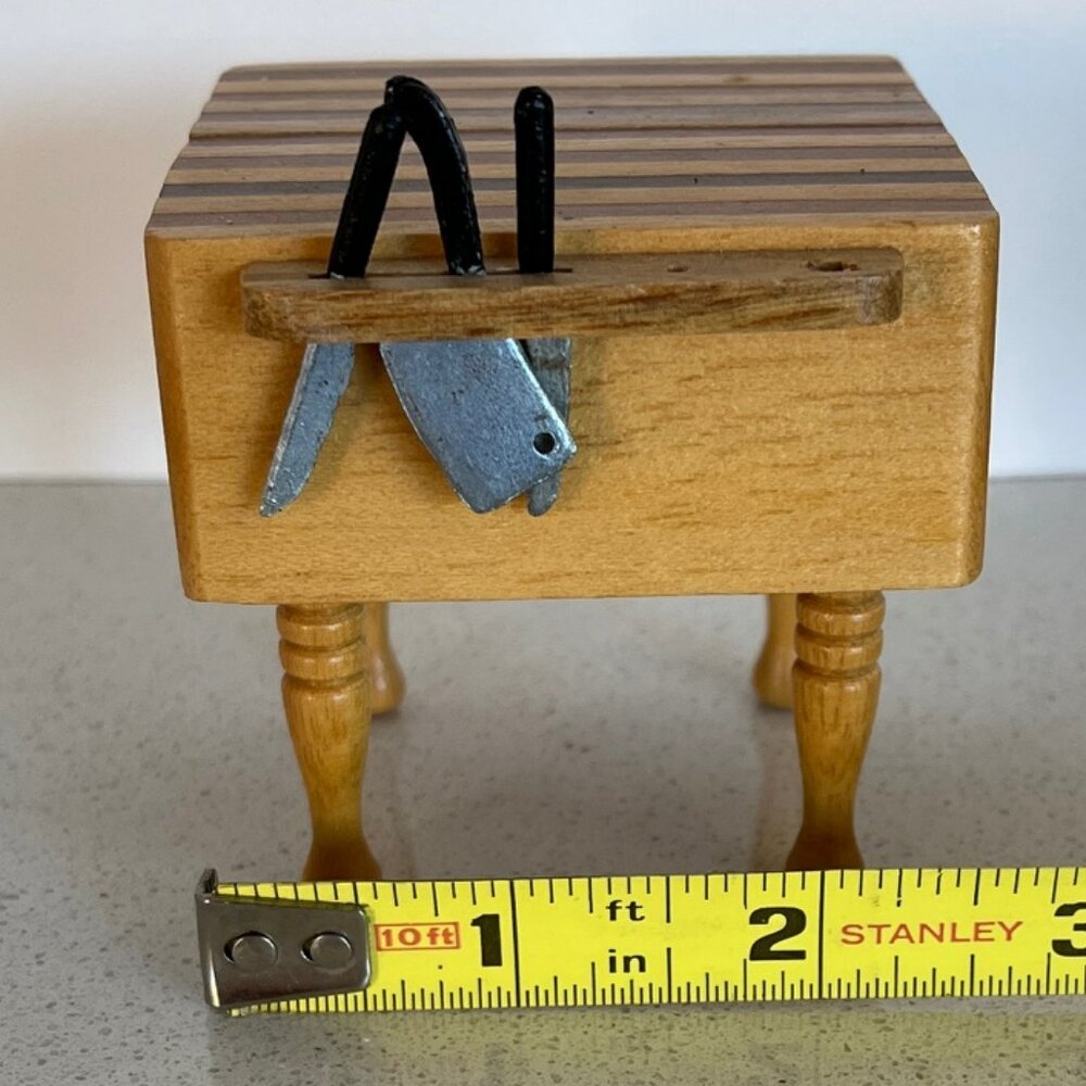 Dollhouse miniature butcher block table w/tools